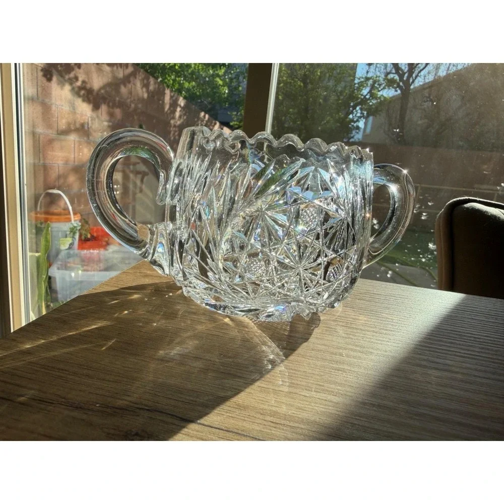 Vintage Cut Glass Crystal Serving Set Starburst Diamond Pattern 5 Pc Collection